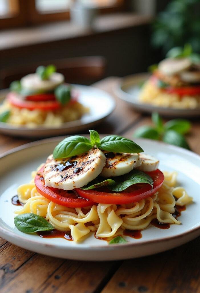 A realistic image of a layered grilled chicken Caprese pasta salad on a white plate, with grilled chicken, fresh tomatoes, basil, mozzarella, and pasta, styled on a wooden table in a cozy home setting with natural light.