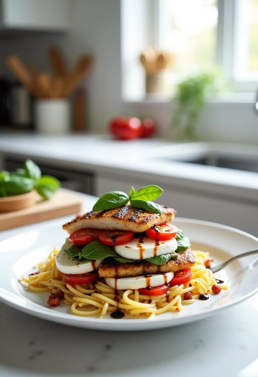 A realistic image of a layered grilled chicken Caprese pasta salad on a white plate in a kitchen setting, showing the colorful layers with grilled chicken, tomatoes, basil, mozzarella, and pasta, with a bright and clean kitchen background.