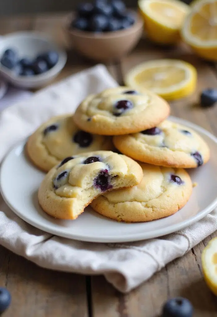 Close-up of Lemon Blueberry Cheesecake Cookies on a white plate, showing golden cookies with blueberries and lemon zest, garnished with fresh blueberries and lemon slices in a cozy home setting with natural light.