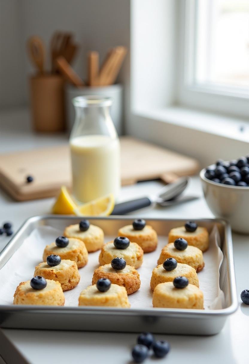 Lemon Blueberry Cheesecake Cookies displayed on a tray in a clean kitchen with a countertop, fresh blueberries, lemon slices, and baking utensils, showing the cookies' golden color and blueberry toppings in natural lighting.