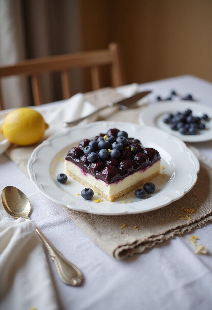 A realistic close-up of a Lemon Blueberry Shortbread Mousse Cake on a white plate, decorated with fresh blueberries and lemon zest, in a cozy home setting with warm lighting and a rustic tablecloth.