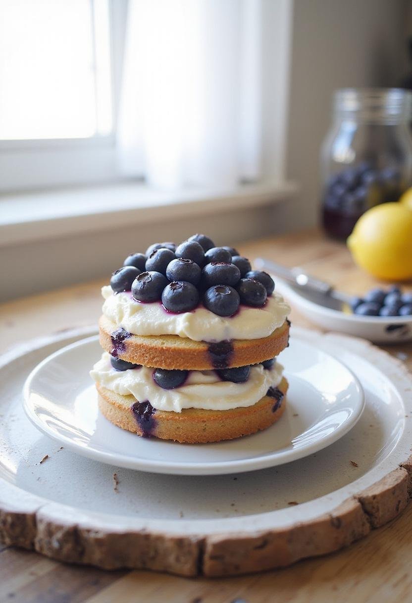 A realistic image showcasing the beautiful layers of a Lemon Blueberry Shortbread Mousse Cake, presented on a rustic wooden countertop with natural light enhancing its vibrant colors and intricate details. Fresh blueberries and lemon zest are artfully arranged for garnish.
