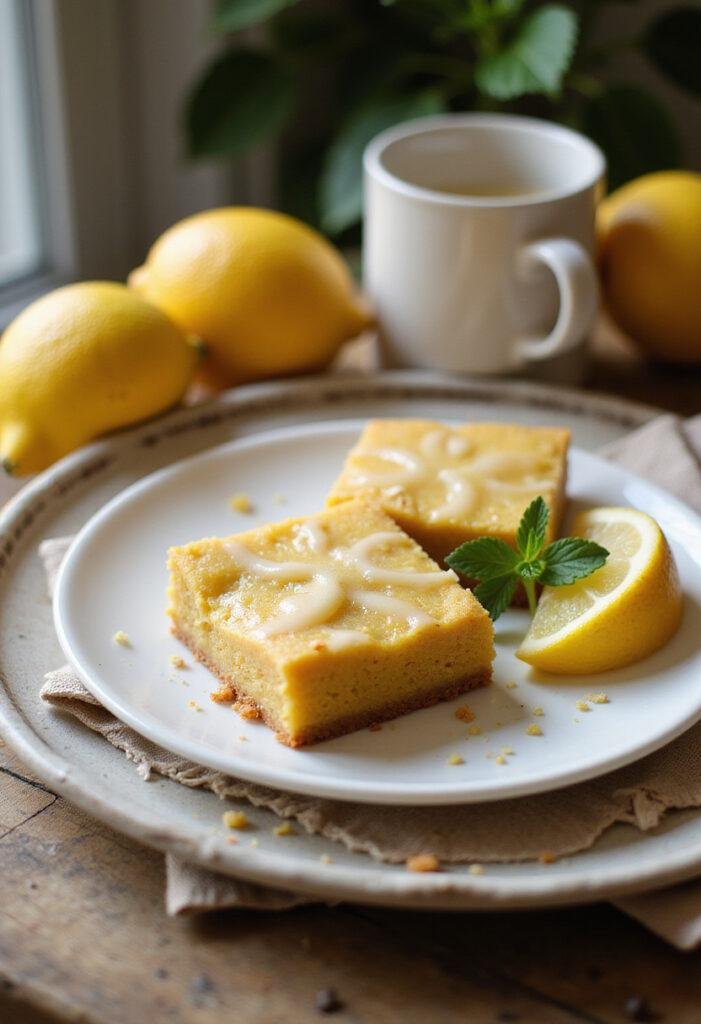 Lemon brownie bars served on a ceramic plate with lemon slices and mint, displayed on a wooden table in a cozy home environment, with sunlight illuminating the dessert's golden crust and lemon glaze.