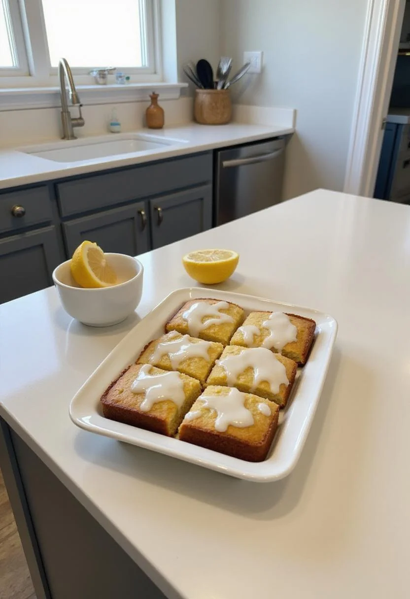Lemon brownie bars in a kitchen setting on a serving dish, with lemon glaze and wedge next to them, showcasing a clean, modern kitchen countertop with natural lighting.