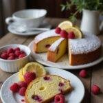 A slice of Lemon Raspberry Cake on a plate with a fork, displayed on a cozy home wooden table with natural lighting, showing the bright lemon and raspberry filling, dusted with powdered sugar and garnished with fresh raspberries and lemon slices, in a warm home setting.