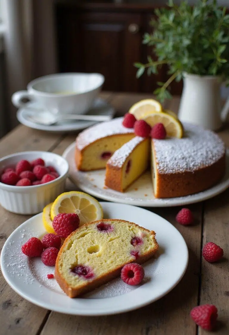 A slice of Lemon Raspberry Cake on a plate with a fork, displayed on a cozy home wooden table with natural lighting, showing the bright lemon and raspberry filling, dusted with powdered sugar and garnished with fresh raspberries and lemon slices, in a warm home setting.