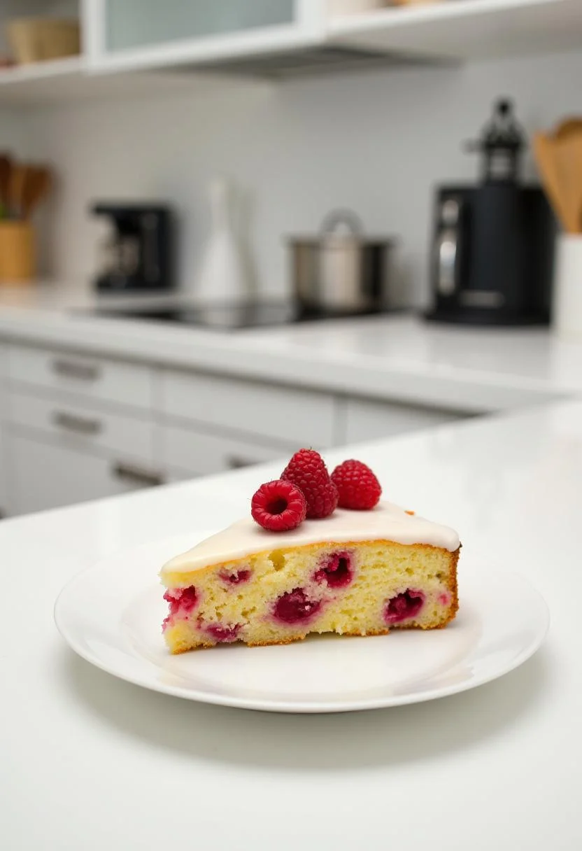 A slice of Lemon Raspberry Cake on a white plate inside a modern kitchen, with a clear view of the lemony cake filling and raspberries, topped with a lemon glaze and fresh berries, surrounded by kitchen appliances and utensils in the background.