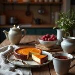 A slice of baked Basque cheesecake plated on a rustic wooden table in a cozy home kitchen, showing its golden top and creamy interior, with fresh berries and a tea cup beside it, under warm lighting for a warm, inviting scene.