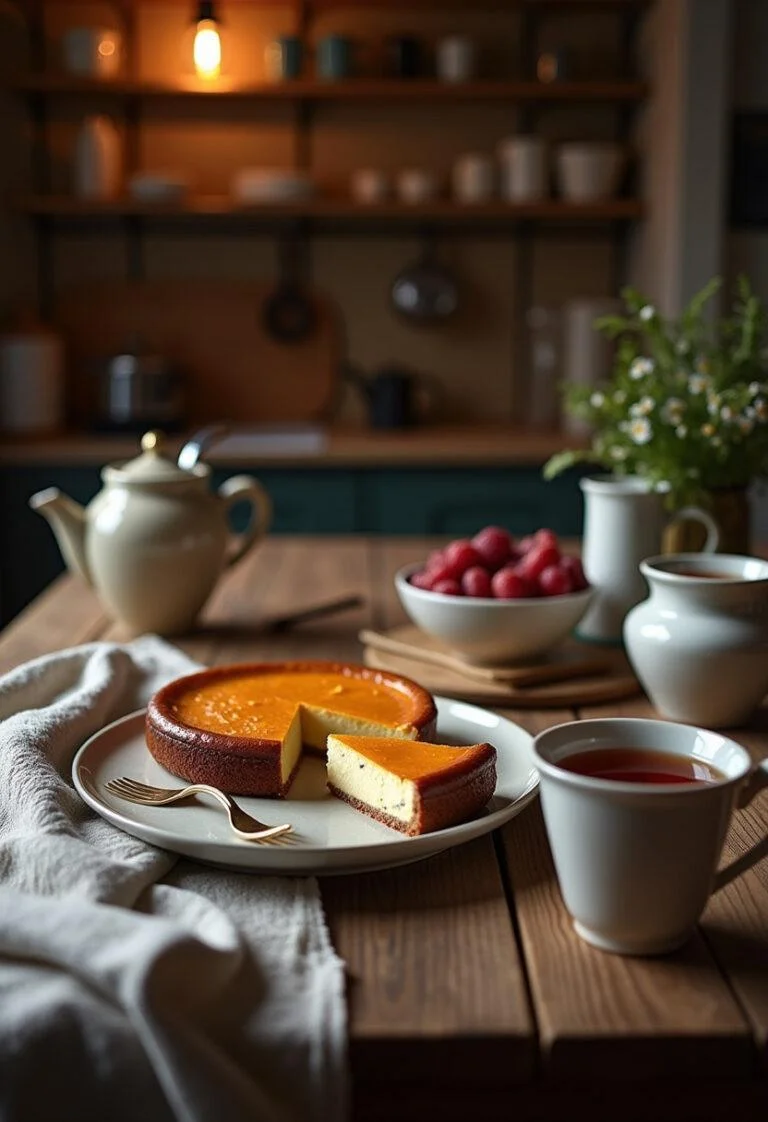 A slice of baked Basque cheesecake plated on a rustic wooden table in a cozy home kitchen, showing its golden top and creamy interior, with fresh berries and a tea cup beside it, under warm lighting for a warm, inviting scene.