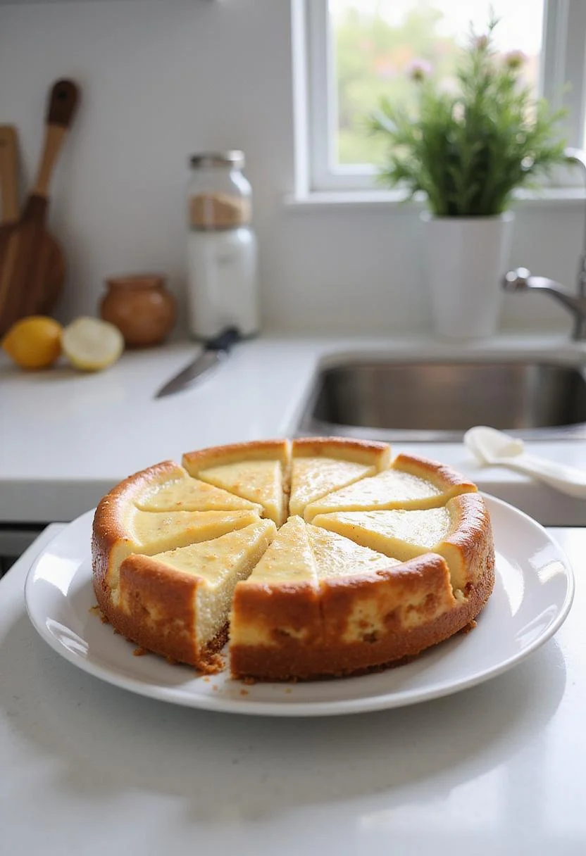 A slice of Basque cheesecake served on a white plate in a bright kitchen, showing its caramelized top and creamy interior, with baking tools and ingredients in the background, highlighted by natural light for a fresh and inviting look.