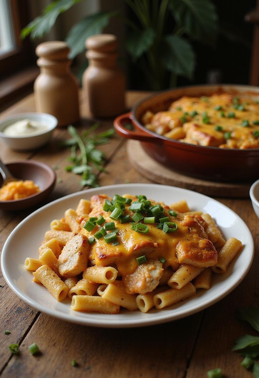 A photograph of Louisiana Chicken Pasta Bake served on a plate in a cozy home setting, featuring cheesy baked chicken pasta with green onion garnish on a wooden table, creating a warm and inviting atmosphere.