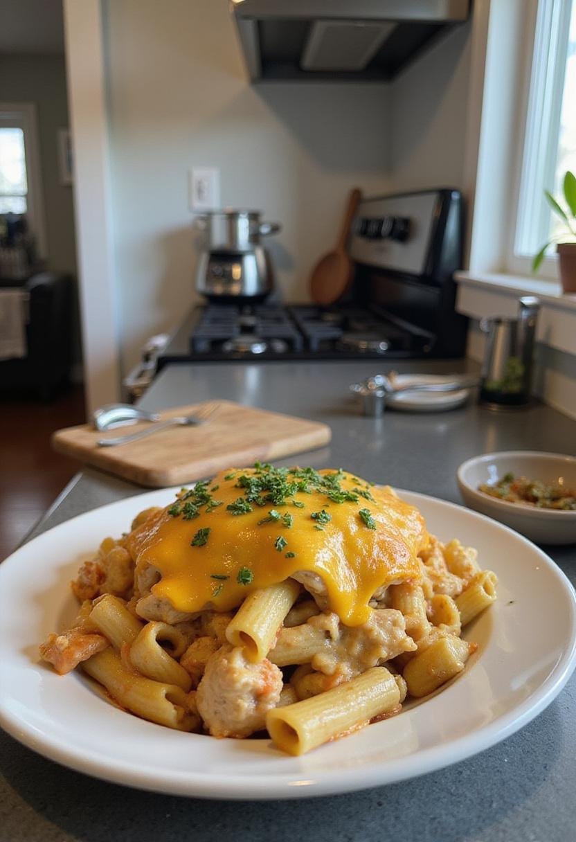 A photo of Louisiana Chicken Pasta Bake plated on a kitchen countertop, with baked cheese and chicken chunks, in a well-lit modern kitchen environment, highlighting the dish's appealing presentation.
