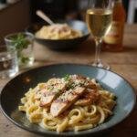 A realistic image of Marry Me Chicken Pasta plated on a cozy home kitchen table, featuring grilled chicken over creamy pasta with herbs and cheese, in a warm and inviting setting.