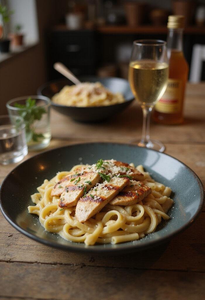 A realistic image of Marry Me Chicken Pasta plated on a cozy home kitchen table, featuring grilled chicken over creamy pasta with herbs and cheese, in a warm and inviting setting.