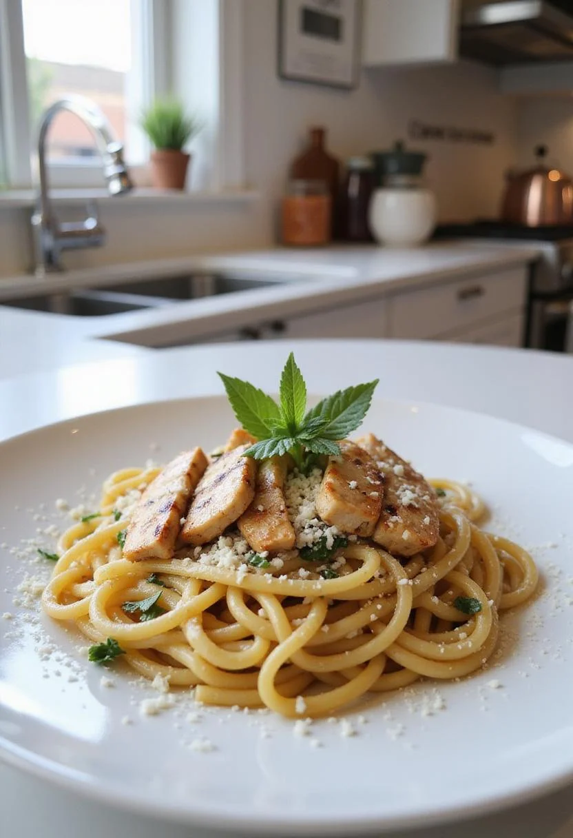 A realistic scene of Marry Me Chicken Pasta plated and presented in a kitchen setting, with grilled chicken, herbs, and cheese, on a countertop with cooking tools and ingredients around, highlighting a home-cooked dish.
