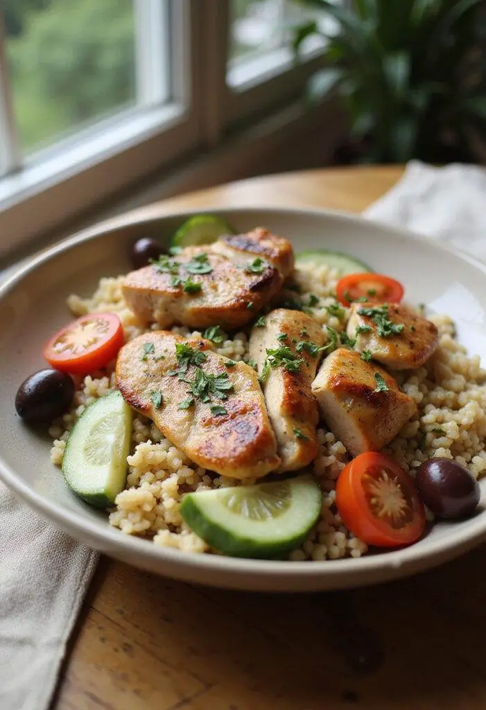 A realistic meal photo of a Mediterranean Chicken and Rice Bowl on a cozy wooden table, featuring grilled chicken, rice, cherry tomatoes, cucumbers, olives, and herbs, styled in a home setting.