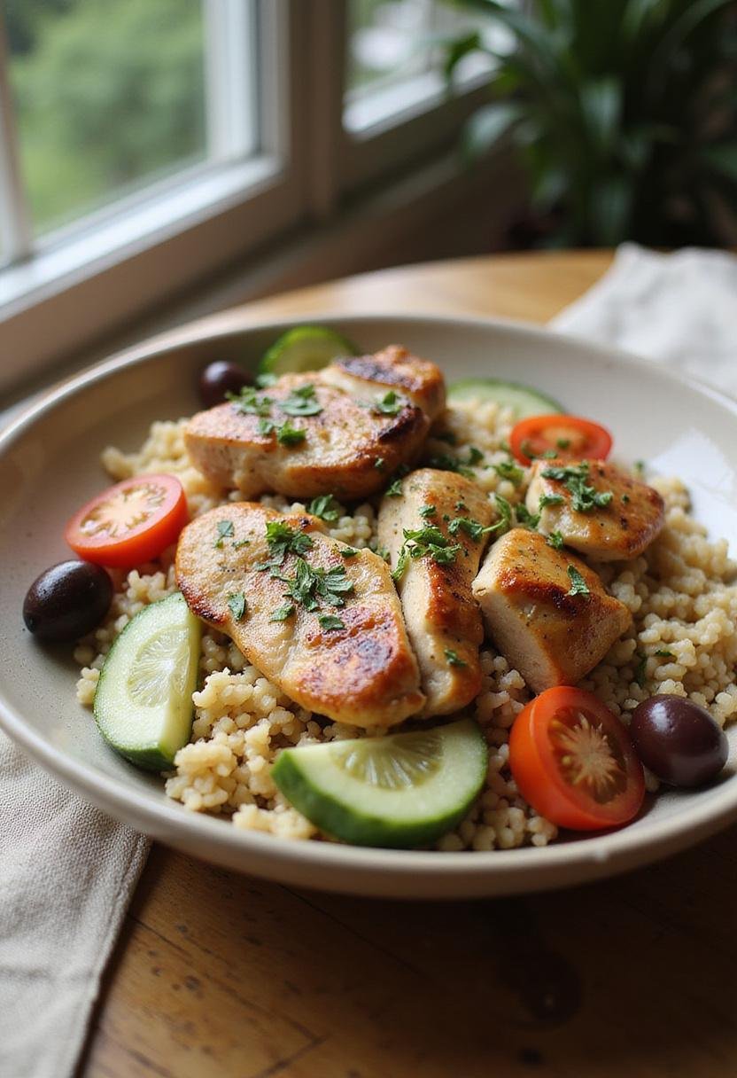 A realistic meal photo of a Mediterranean Chicken and Rice Bowl on a cozy wooden table, featuring grilled chicken, rice, cherry tomatoes, cucumbers, olives, and herbs, styled in a home setting.