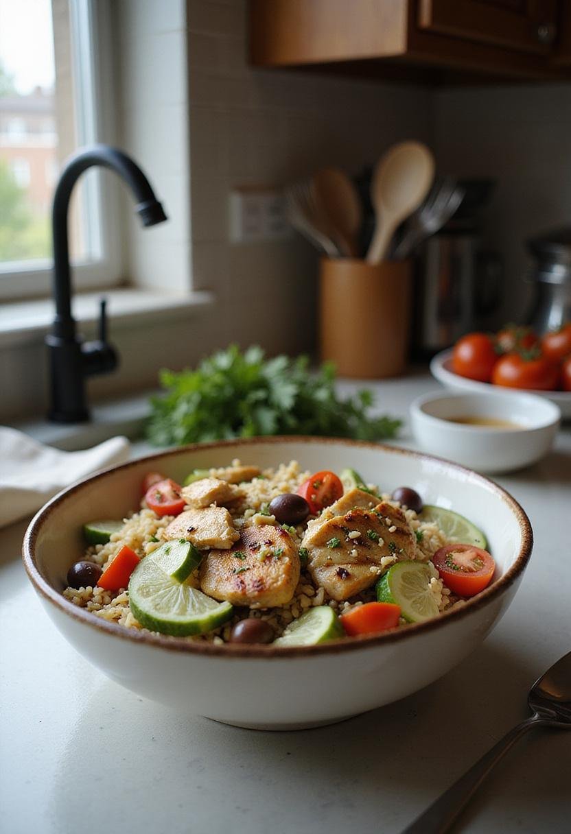 A realistic image of a Mediterranean Chicken and Rice Bowl in a kitchen setting with ingredients like grilled chicken, rice, tomatoes, and cucumbers, displayed on a kitchen counter with utensils and tiles in the background.