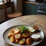 A realistic image of Mexican Potatoes plated on a wooden table in a cozy home kitchen, garnished with cilantro and lime, with salsa and sour cream nearby, showcasing a warm and inviting setting.