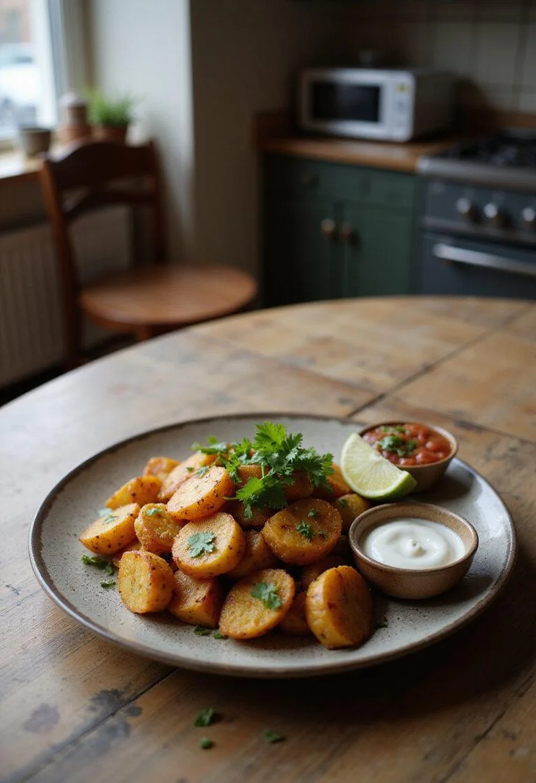 A realistic image of Mexican Potatoes plated on a wooden table in a cozy home kitchen, garnished with cilantro and lime, with salsa and sour cream nearby, showcasing a warm and inviting setting.