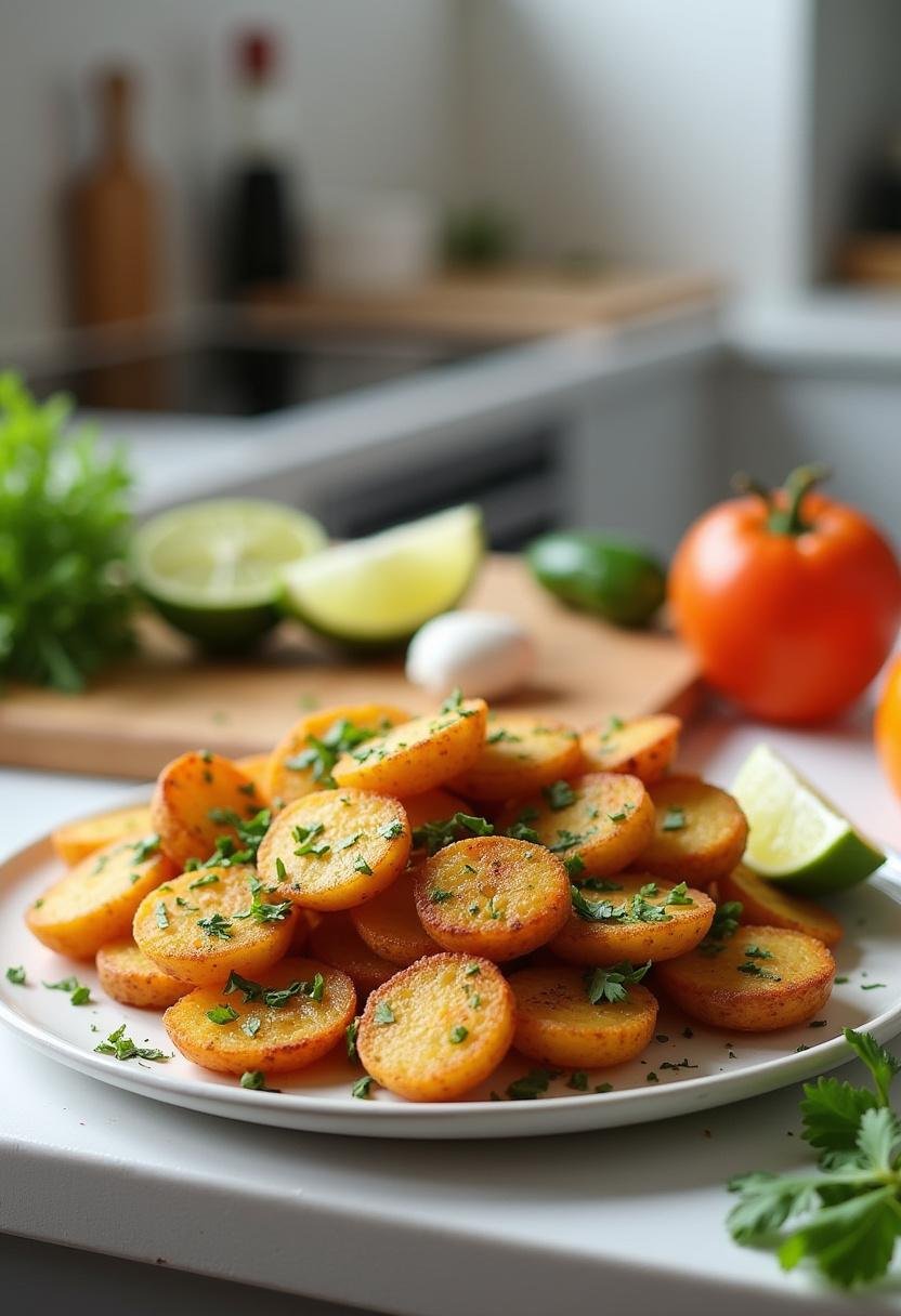 A realistic image of Mexican Potatoes plated on a ceramic dish in a bright kitchen, garnished with herbs and lime, with kitchen counters and ingredients in the background highlighting a home cooking environment.