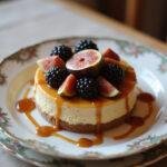 Close-up of a Mikado Tart Deluxe mini cheesecake with salted caramel, blackberries, and figs, presented on a dessert plate in a cozy home setting, showcasing the elegant details and fresh fruit toppings.