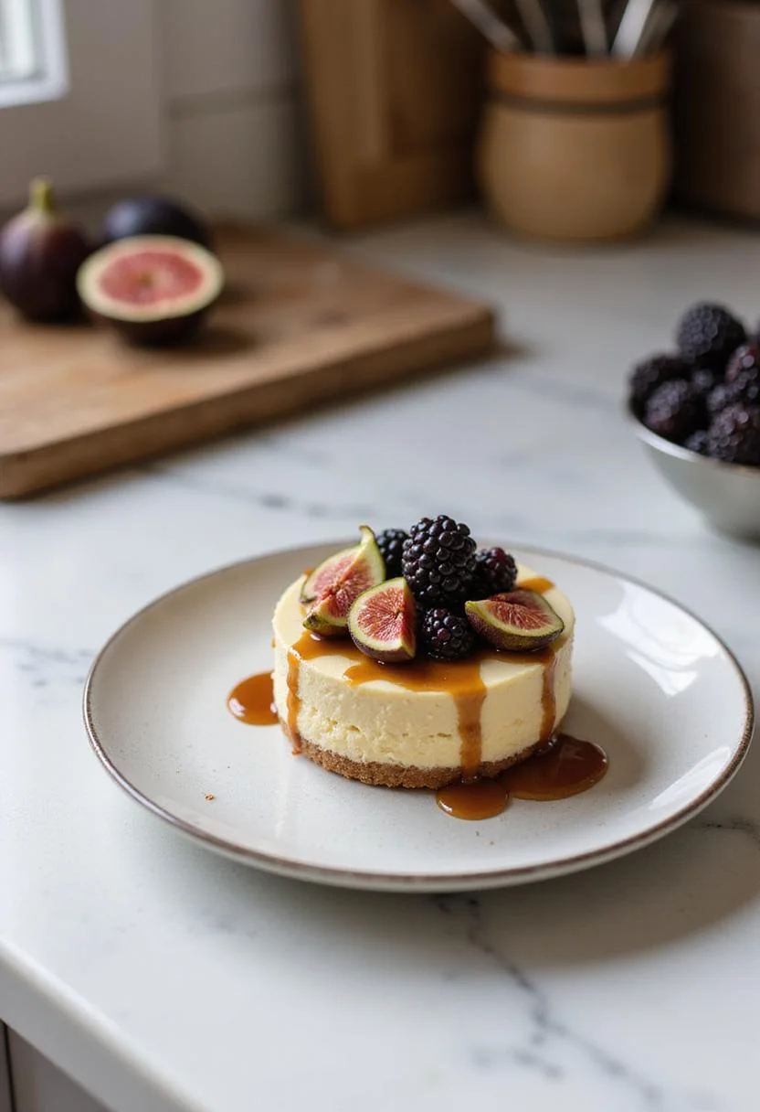 Realistic image of a Mikado Tart Deluxe mini cheesecake with salted caramel, blackberries, and figs on a dessert plate in a kitchen setting, highlighting fresh ingredients and cozy kitchen ambiance.