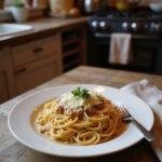 A close-up of a plate of Million Dollar Spaghetti served in a cozy home setting, showing the creamy, cheesy layers topped with herbs on a white plate with a warm background.