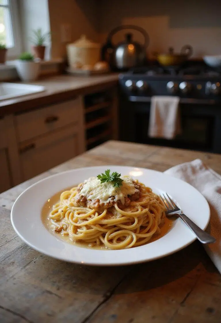 A close-up of a plate of Million Dollar Spaghetti served in a cozy home setting, showing the creamy, cheesy layers topped with herbs on a white plate with a warm background.