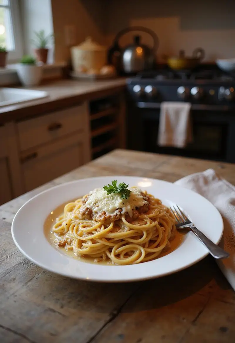 A close-up of a plate of Million Dollar Spaghetti served in a cozy home setting, showing the creamy, cheesy layers topped with herbs on a white plate with a warm background.