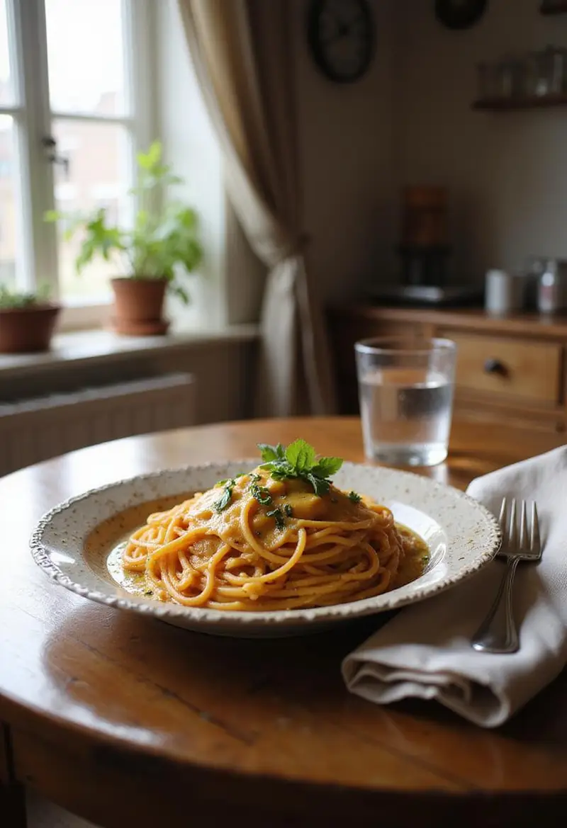 A realistic scene of Million Dollar Spaghetti served on a plate in a cozy home kitchen, featuring cheesy layers, fresh herbs, and warm natural lighting.