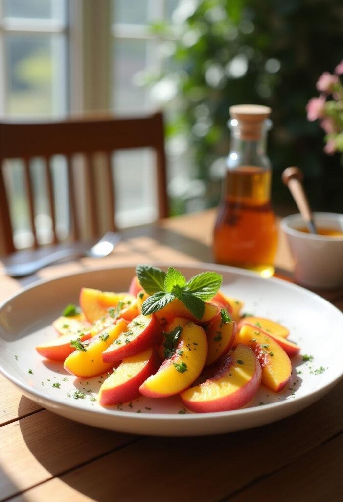 A colorful peach salad arranged on a white plate in a cozy home setting, with fresh peaches, mint leaves, honey drizzle, and natural sunlight highlighting the vibrant summer flavors.