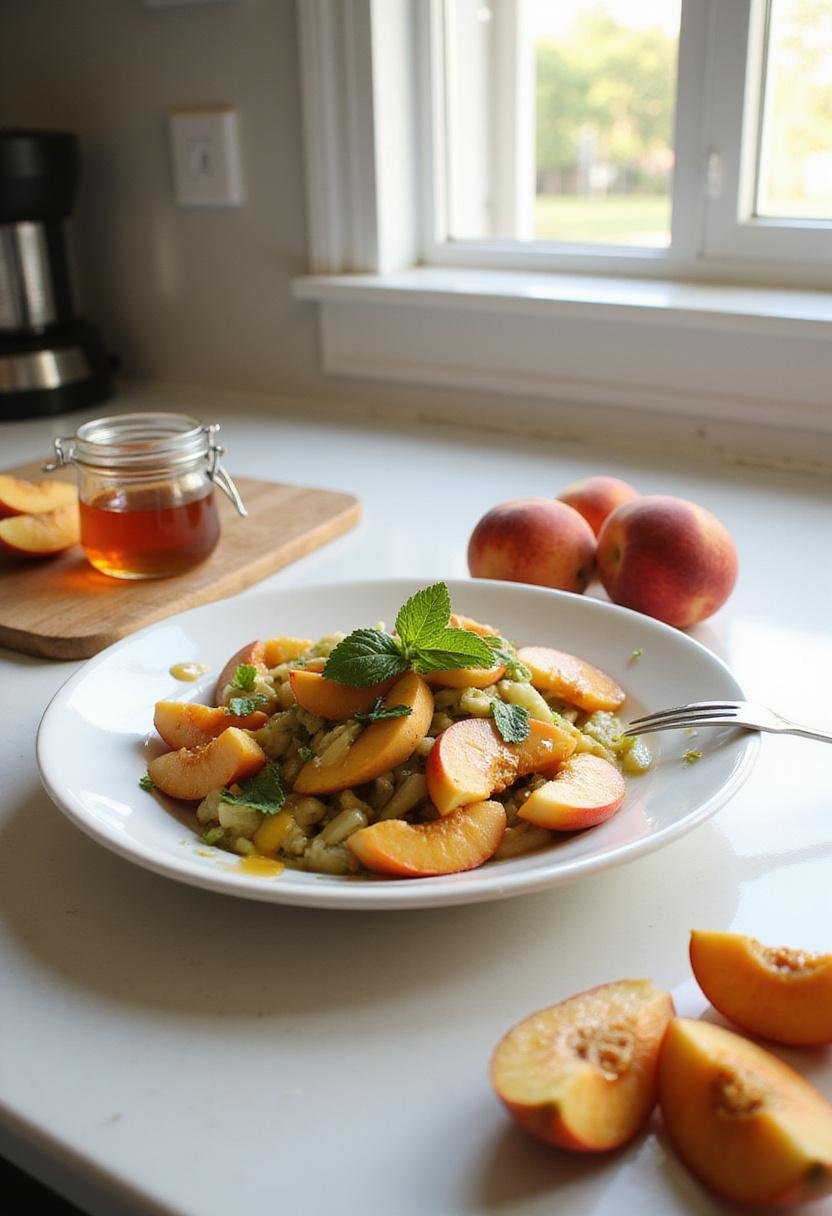 A delicious peach salad presented on a white plate in a kitchen setting, topped with mint and honey, with ingredients like fresh peaches and honey nearby, under warm natural lighting.