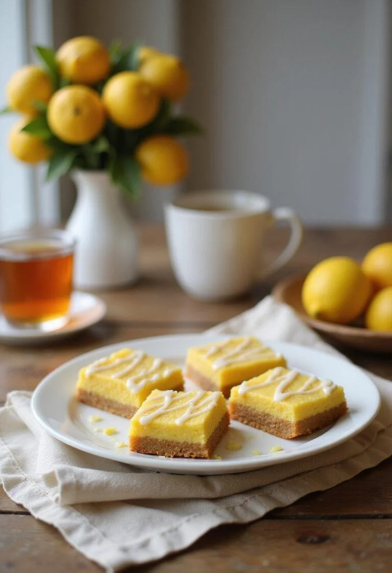 Realistic image of lemon bar cookie cups plated on a white dish in a cozy home setting, with natural lighting, a warm wooden table, a cup of tea, and fresh lemons nearby, showcasing a deliciously appealing lemon dessert.