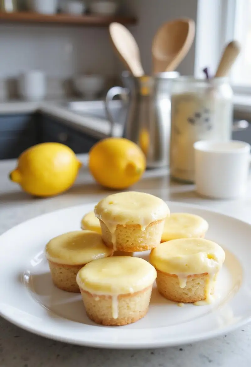 Realistic image of lemon bar cookie cups plated on a white dish in a clean kitchen environment, featuring natural light, fresh lemons, and baking utensils to highlight the homemade lemon dessert.