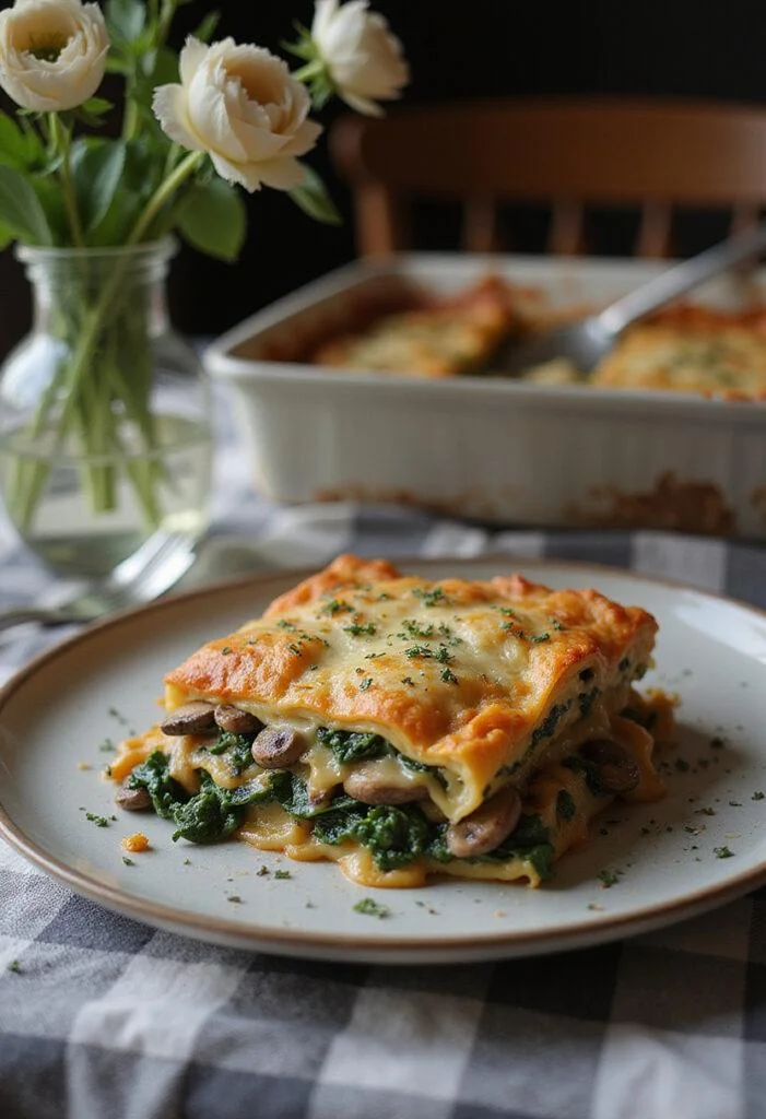 A plate of mushroom and spinach lasagna showing layers of melted cheese, mushrooms, and spinach, presented on a cozy home dining table with soft lighting and decorations.