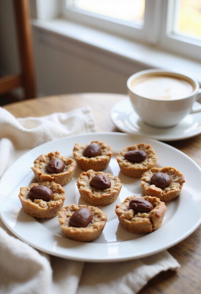 A plate of No-Bake Peanut Butter Oat Cups on a cozy home kitchen table, with sunlight streaming through a window, surrounded by a warm blanket and a coffee cup, in a warm and inviting setting.