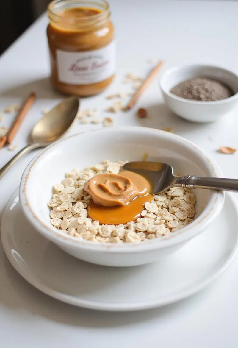 A clear image of a kitchen countertop with ingredients for No-Bake Peanut Butter Oat Cups, including oats, peanut butter, honey, and chia seeds, arranged neatly in a bright kitchen environment.