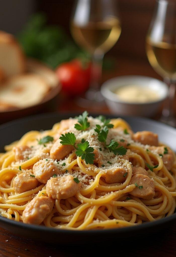 A cozy home dining scene showing a plate of garlic Parmesan chicken pasta with chicken pieces, pasta, fresh herbs, and cheese on a wooden table with warm lighting.