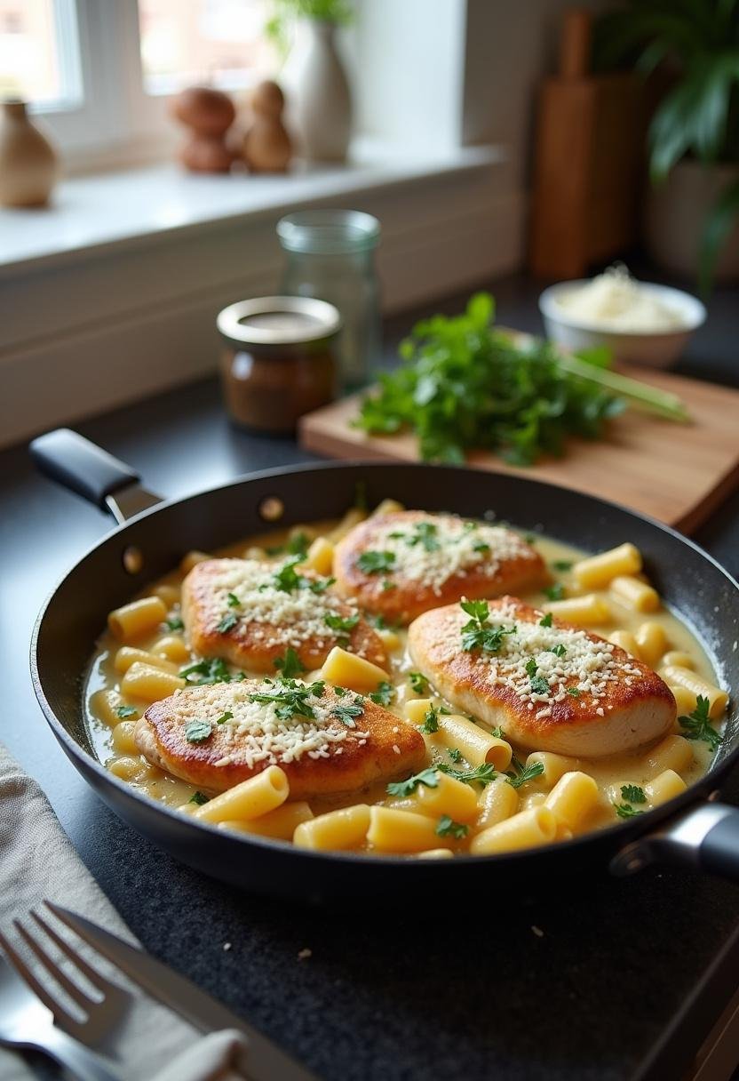 A clear kitchen scene with a skillet holding garlic Parmesan chicken pasta on a countertop, highlighting the cooked chicken and pasta with fresh herbs and cheese, in a bright, organized kitchen setting.