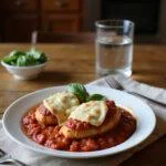 A realistic photo of a One-Pot Chicken Parmesan plated on a dinner plate in a cozy home setting, featuring melted cheese and tomato sauce, surrounded by fresh basil, with soft lighting and a rustic kitchen background.