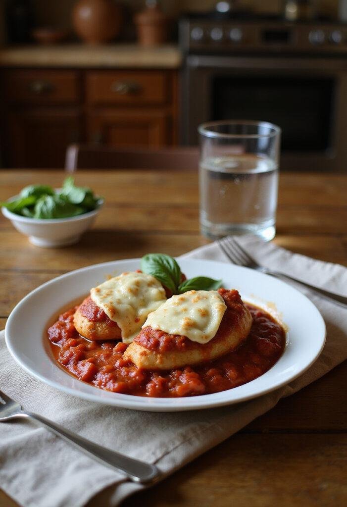 A realistic photo of a One-Pot Chicken Parmesan plated on a dinner plate in a cozy home setting, featuring melted cheese and tomato sauce, surrounded by fresh basil, with soft lighting and a rustic kitchen background.