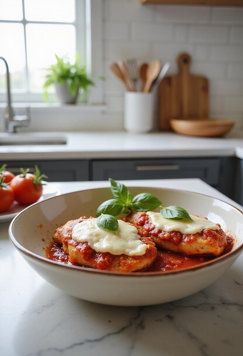 A realistic photo of a One-Pot Chicken Parmesan in a shallow bowl on a kitchen counter, with melted cheese and tomato sauce, garnished with basil, set in a bright, organized kitchen with utensils and natural light.