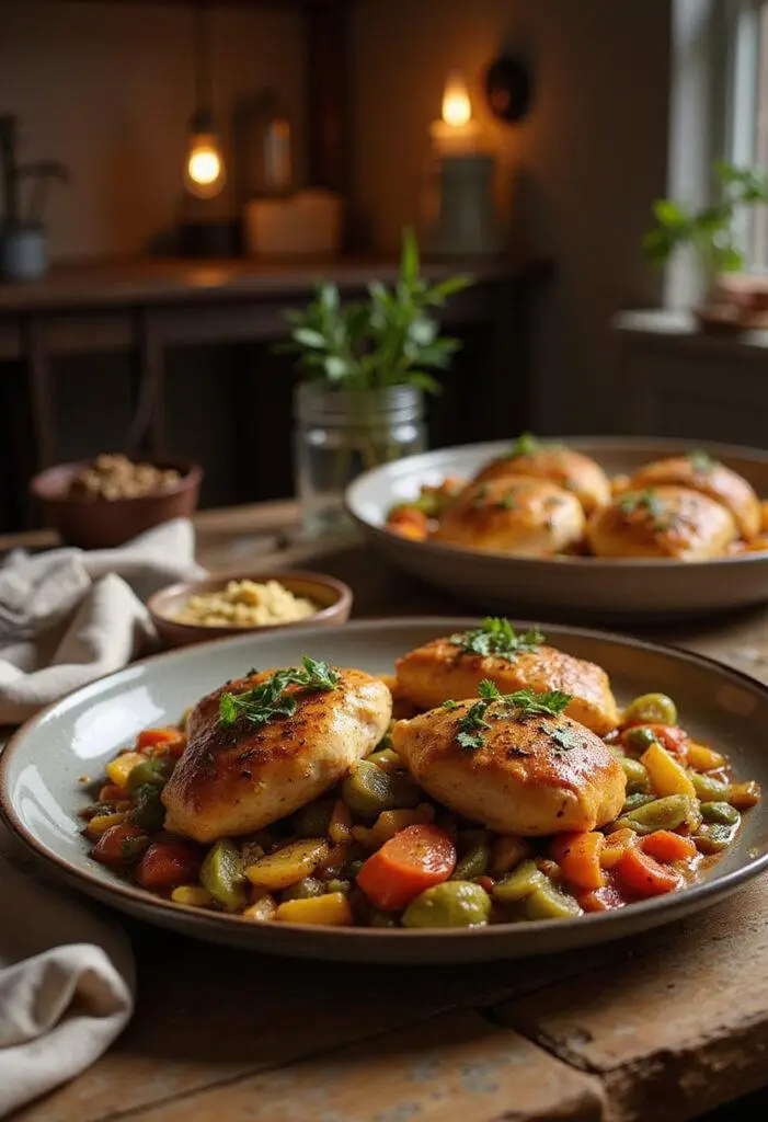 Realistic image of a plated One-Pot Moroccan Chicken in a cozy home kitchen setting, showcasing tender chicken with herbs and spices on a rustic table with warm lighting.