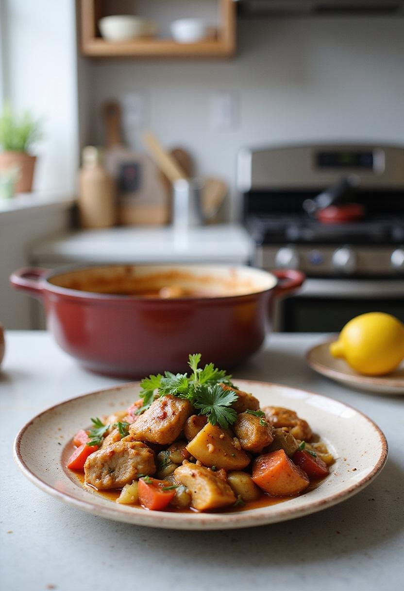 Realistic image of a plated One-Pot Moroccan Chicken in a kitchen setting, showing tender chicken with vegetables and herbs on a countertop with kitchen tools in the background.