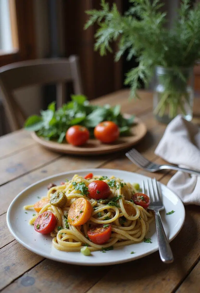A realistic image of a one pot veggie pasta dish on a white plate, served in a cozy home kitchen setting with warm lighting, featuring colorful vegetables, fresh herbs, and a rustic ambiance.