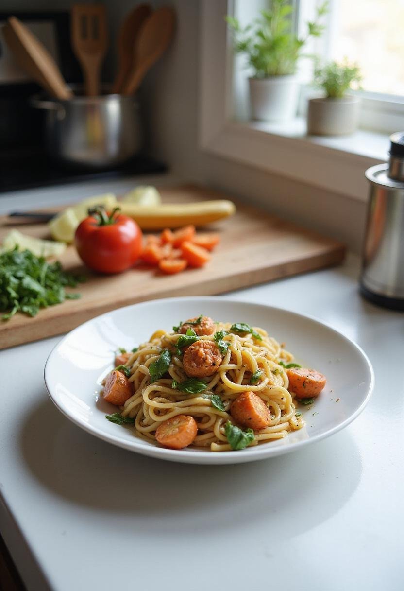 A realistic image of a one pot veggie pasta dish plated in a kitchen setting, with fresh vegetables and herbs, displayed on a countertop with kitchen tools and natural light, highlighting a home-cooked meal.
