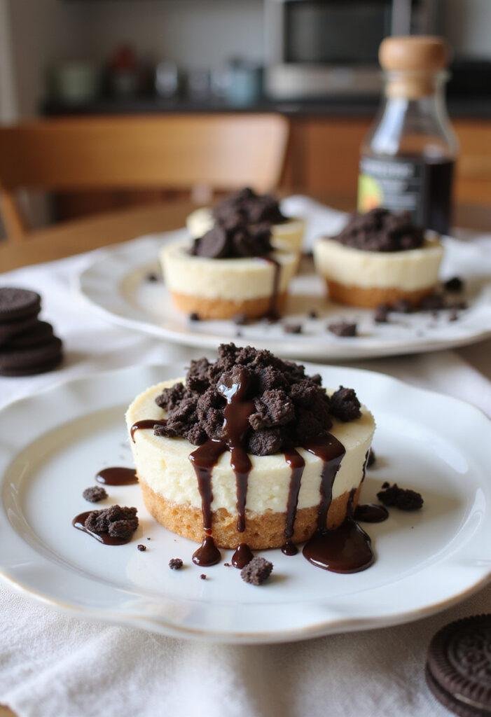 A realistic image of Oreo Cheesecake Cookie Cups plated on a white dish in a cozy home kitchen setting, showcasing the creamy filling topped with Oreo crumbs and chocolate drizzle, with warm lighting and homey decorations around.