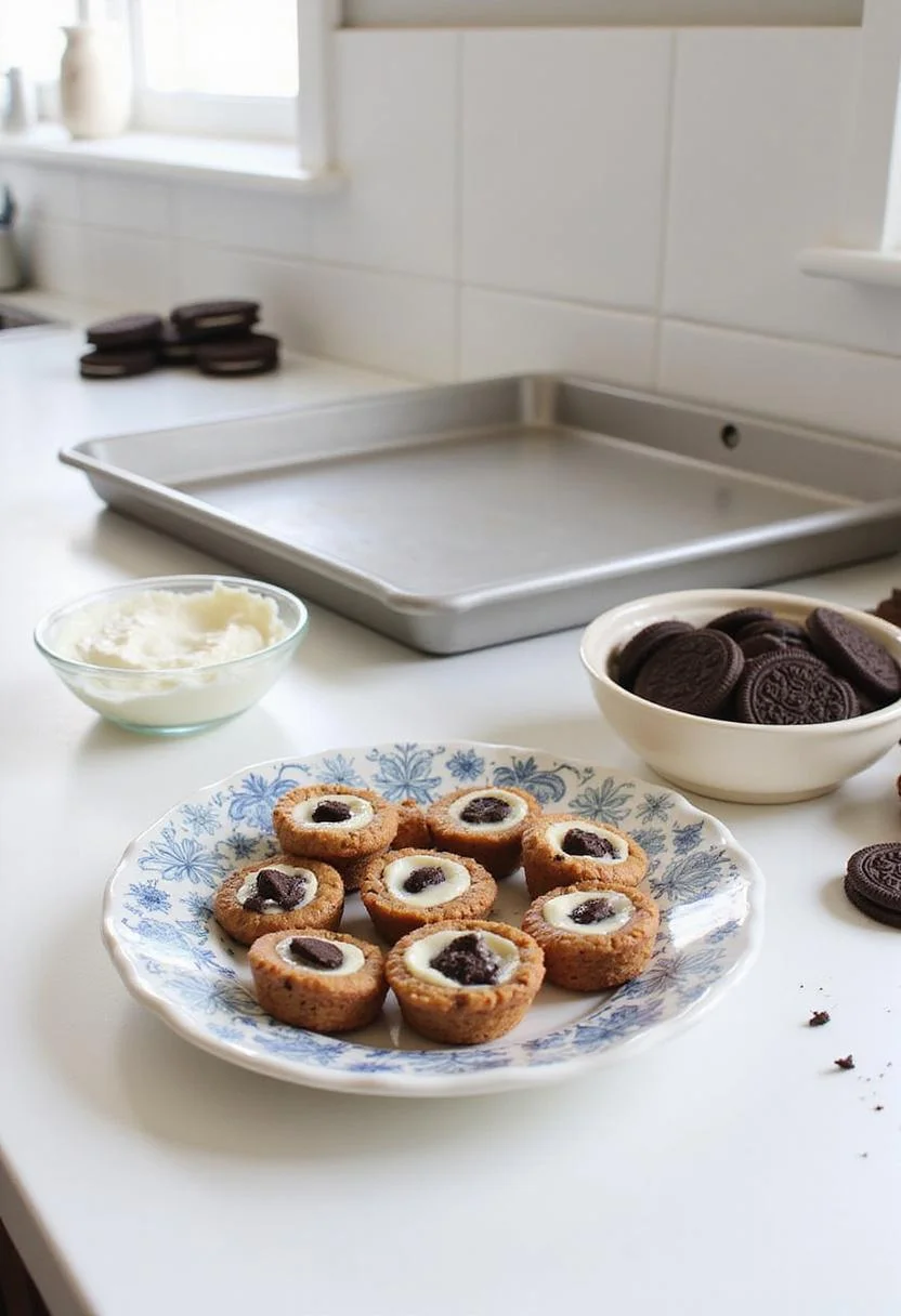 A close-up image of Oreo Cheesecake Cookie Cups arranged on a plate, with cookies and ingredients in the background, showcasing creamy filling and oreo topping.