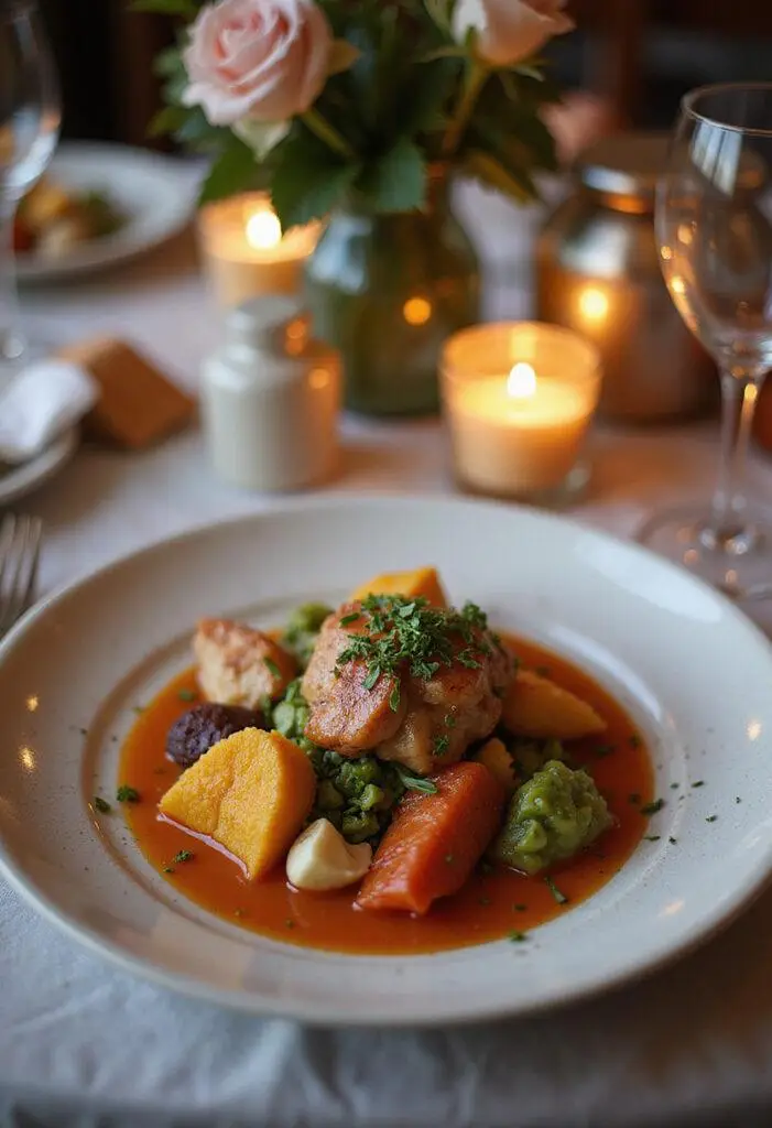 A top-rated collection of 100 high-quality recipes displayed on a dinner plate in a cozy home dining room, showcasing colorful and appetizing dishes in a warm, inviting setting.